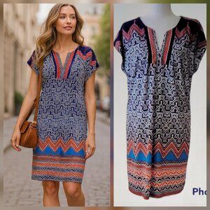 Laundry By Shelli Segal Navy Blue White Orange Aztec Print Shift Dress Size M